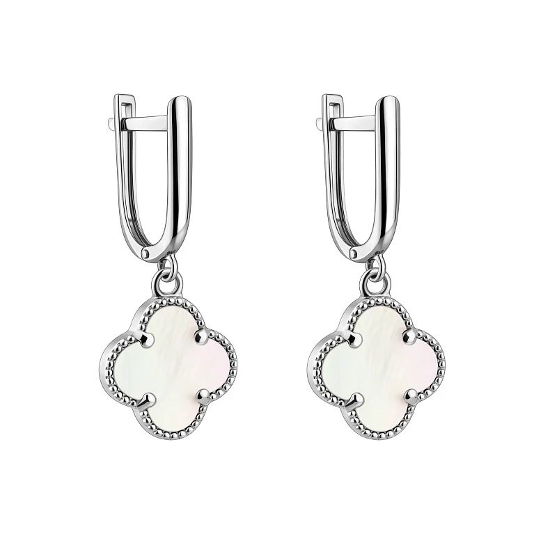 Серьги в белом золоте с подвесом "Клевер" с перламутром - 2139262