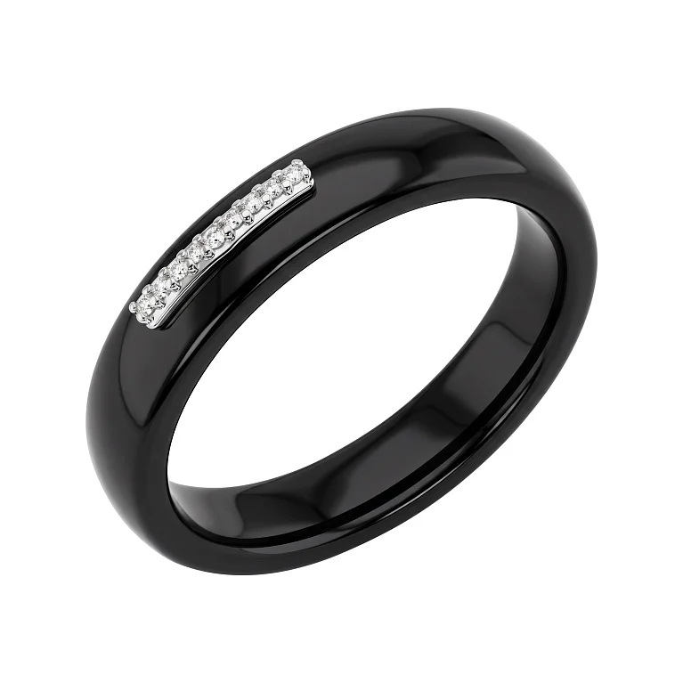 Керамическое кольцо со вставкой из белого золота с дорожкой бриллиантов - 2129623