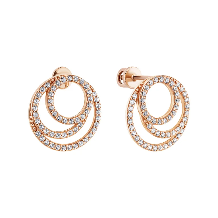 Серьги-гвоздики "Круги" с фианитами в красном золоте - 1987474