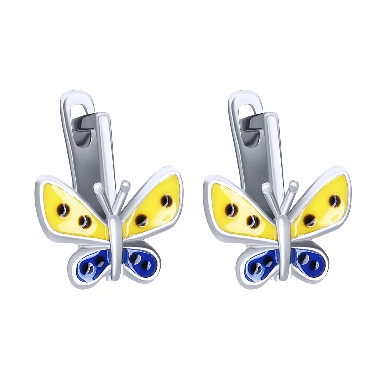 Срібні дитячі сережки "Метелик" з емаллю. Артикул 7502/2136972/66: ціна, відгуки, фото – купити в інтернет-магазині AURUM