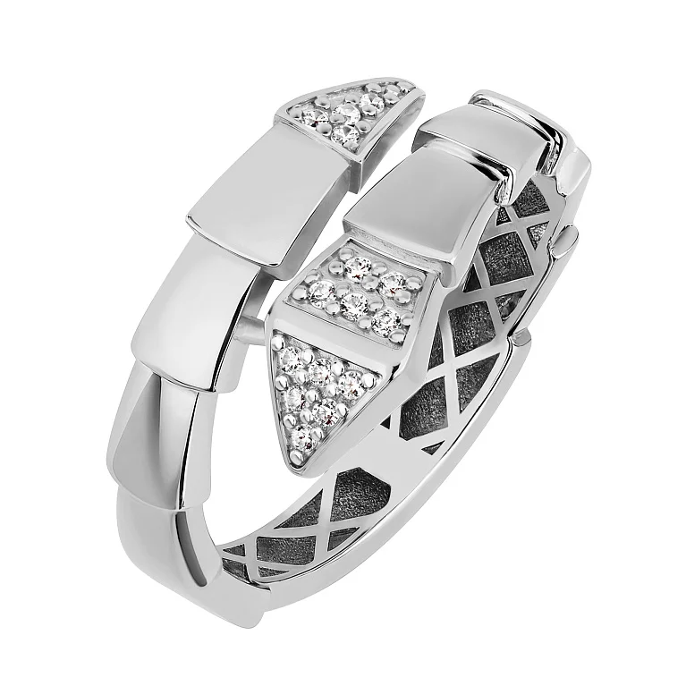 Незамкнена каблучка "Змія" із білого золота з фіанітами - 2134795