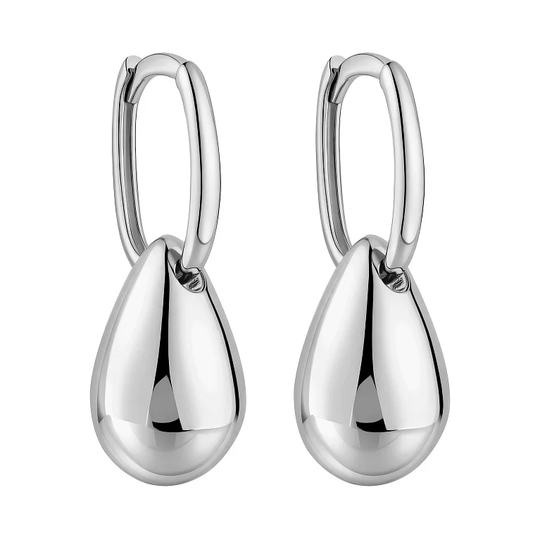 Серьги-кольца трансформеры с подвесом "Капля" в белом золоте - 2182593