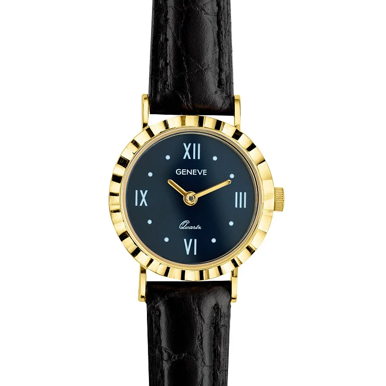 Наручные часы из лимонного золота с алмазной гранью и кожаным ремешком "Geneve" - 2181273