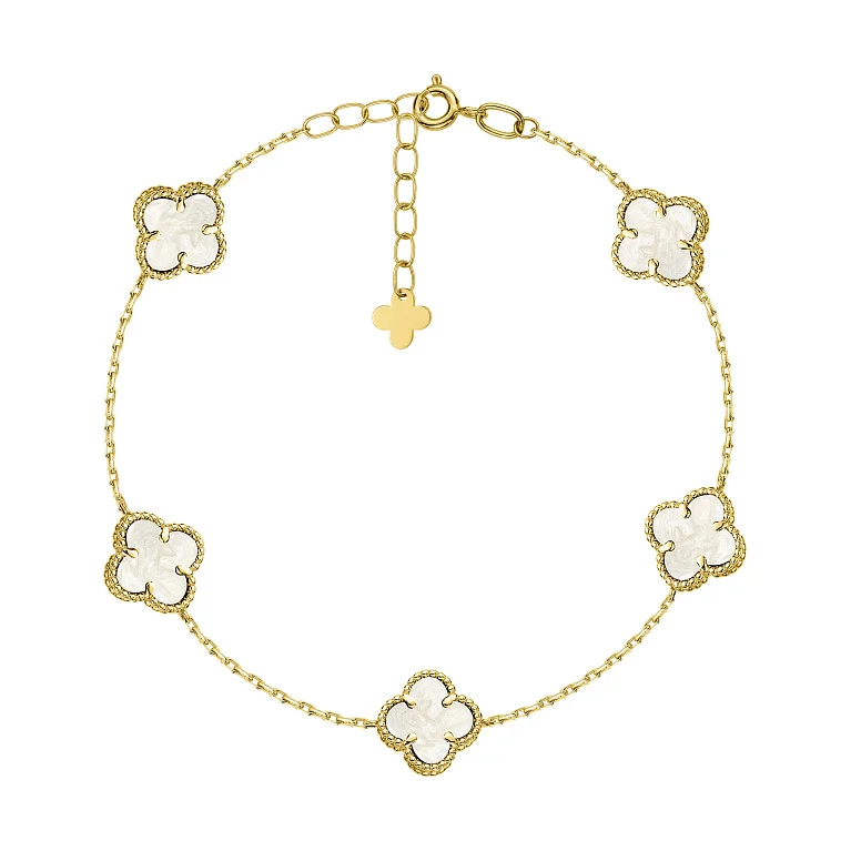 Браслет из лимонного золота "Клевер" с перламутром плетение якорь - 2211037