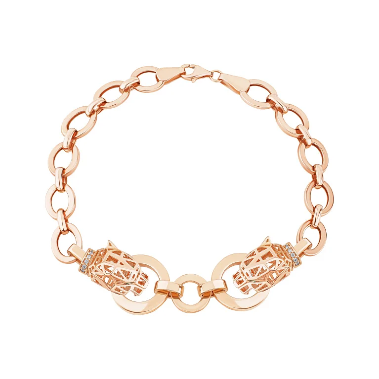 Браслет з червоного золота "Пантера" з доріжкою фіанітів плетіння якір - 1976651