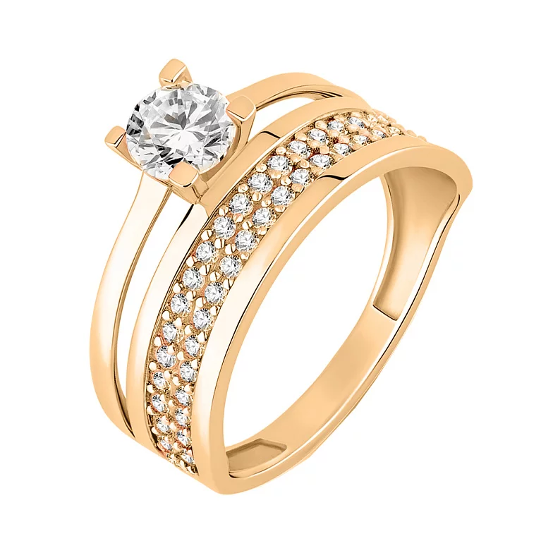 Золотое двойное кольцо с россыпью фианитов. Артикул 156118: цена, отзывы, фото – купить в интернет-магазине AURUM