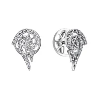 Сережки-гвоздики "Завитки" з діамантом в білому золоті - 1990952