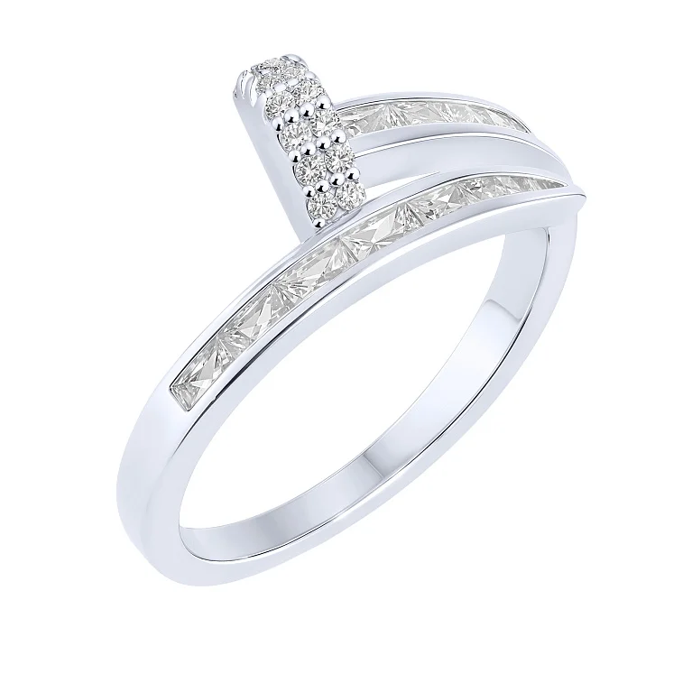 Незамкнутое серебряное кольцо "Гвоздь" с фианитами - 2159476