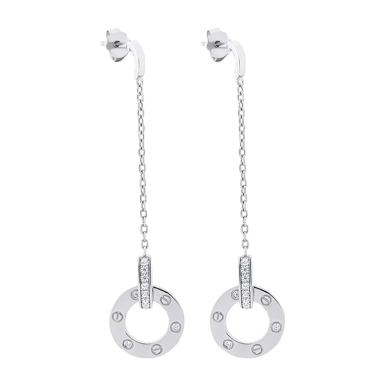 Сережки-гвоздики зі срібла з підвісами та фіанітами "Love". Артикул 7518/5516: ціна, відгуки, фото – купити в інтернет-магазині AURUM