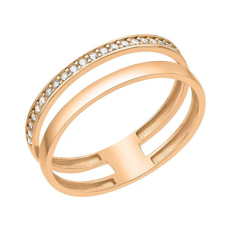 Двойное кольцо из красного золота с дорожкой фианитов. Артикул 155633: цена, отзывы, фото – купить в интернет-магазине AURUM