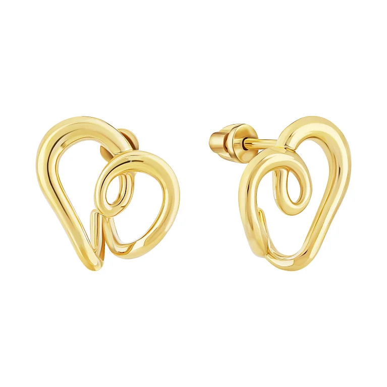 Серебряные серьги-пусеты "Сердце" в желтом родировании - 2167800