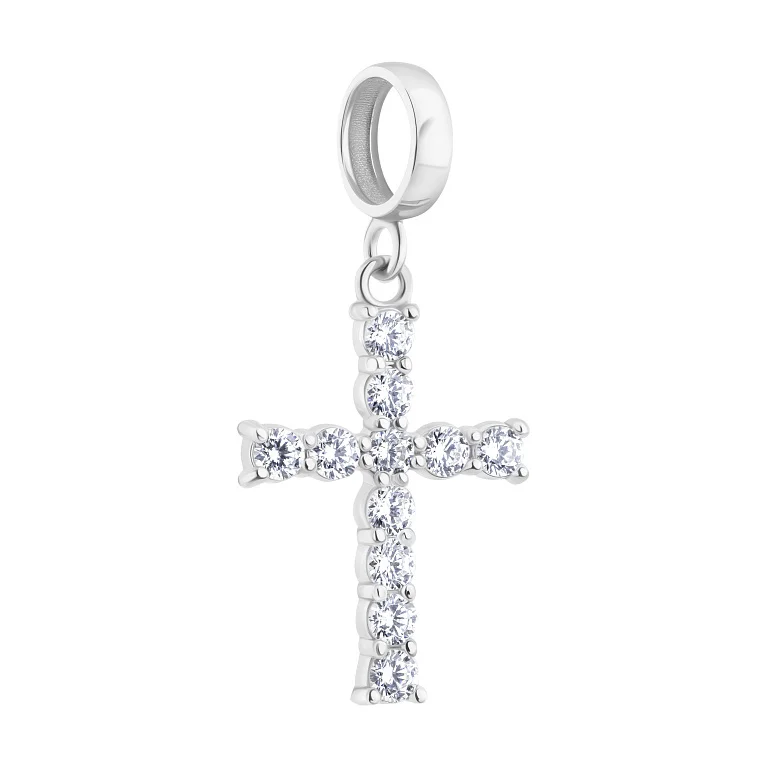 Хрестик декоративний із білого золота з фіанітами - 2135925