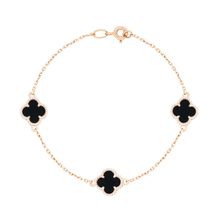 Браслет з червоного золота з агатом "Конюшина" плетіння якір - 367458