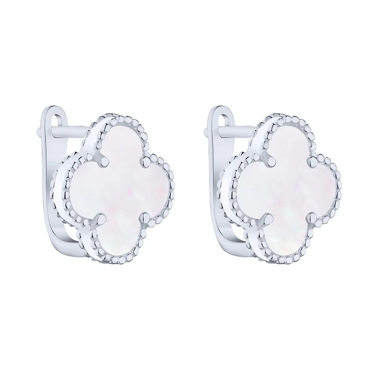 Серебряные серьги "Клевер" с перламутром - 2159647