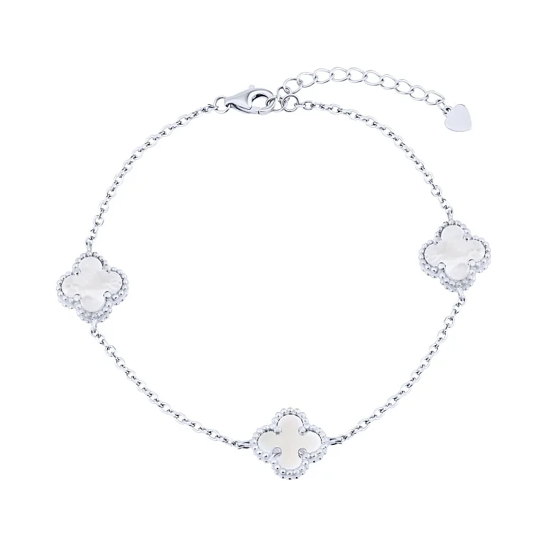 Браслет из серебра с перламутром "Клевер" плетение якорное - 1315278