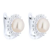 Срібні сережки з перлиною та фіанітами - 2194620