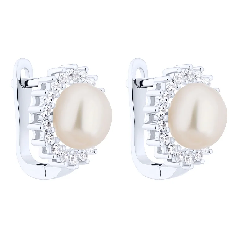 Серебряные серьги с жемчужиной и фианитами - 2194620