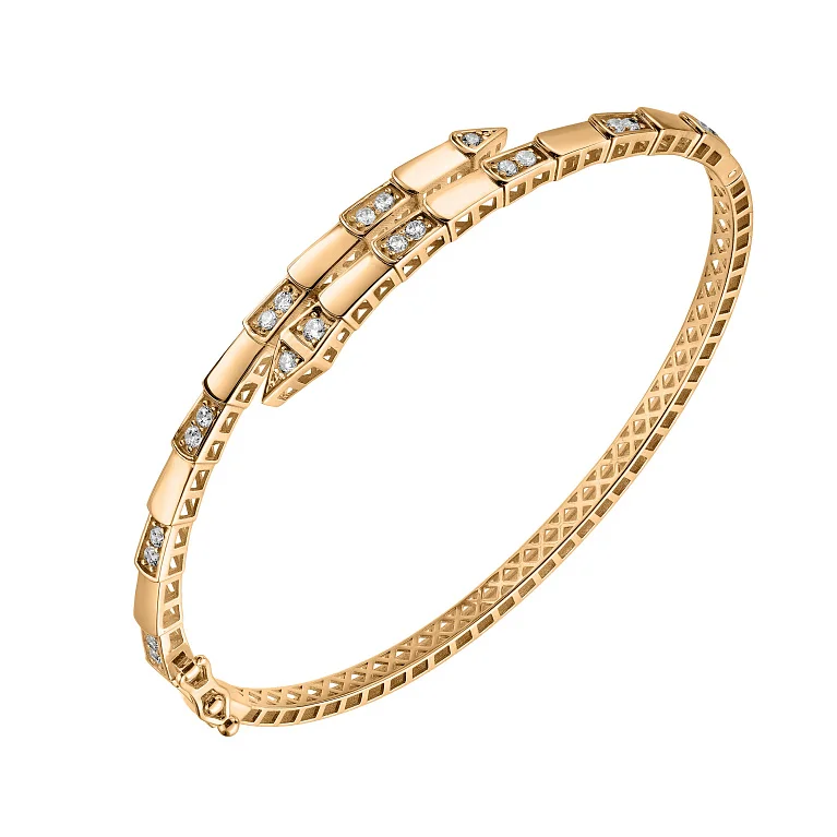 Жесткий браслет "Змея" из красного золота с фианитами - 2205526