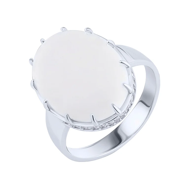 Срібна об'ємна каблучка з кахолонгом та фіанітами - 2142497