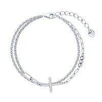 Подвійний срібний браслет "Хрестик" з фіанітами в плетінні якорі та панцирі - 2153432