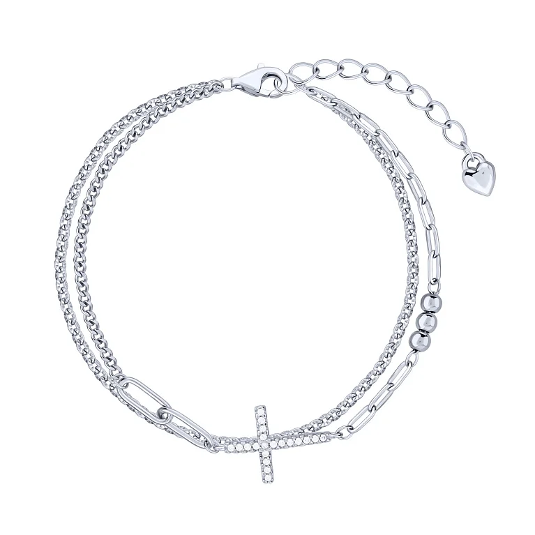 Подвійний срібний браслет "Хрестик" з фіанітами в плетінні якорі та панцирі - 2153432