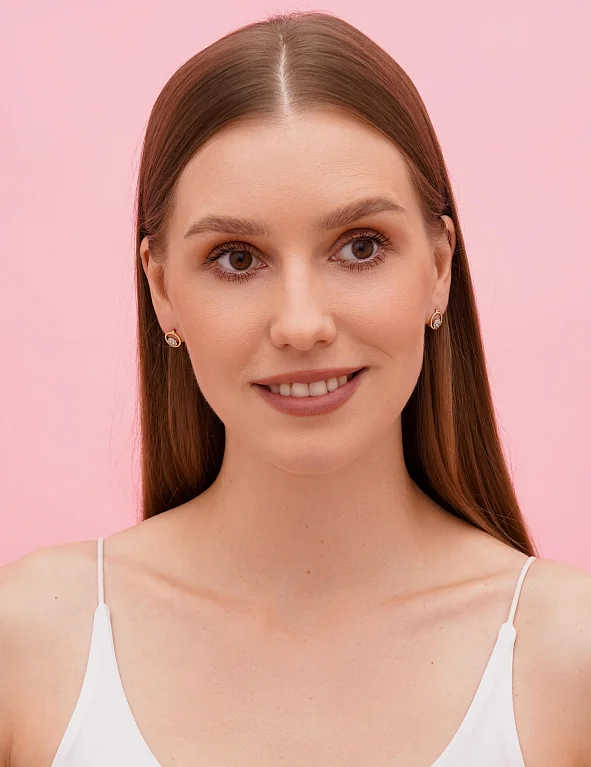 Круглые сережки из красного золота с фианитами - 1584993