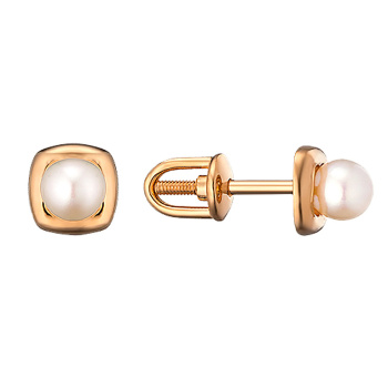 Сережки-гвоздики из красного золота с жемчугом - 960275