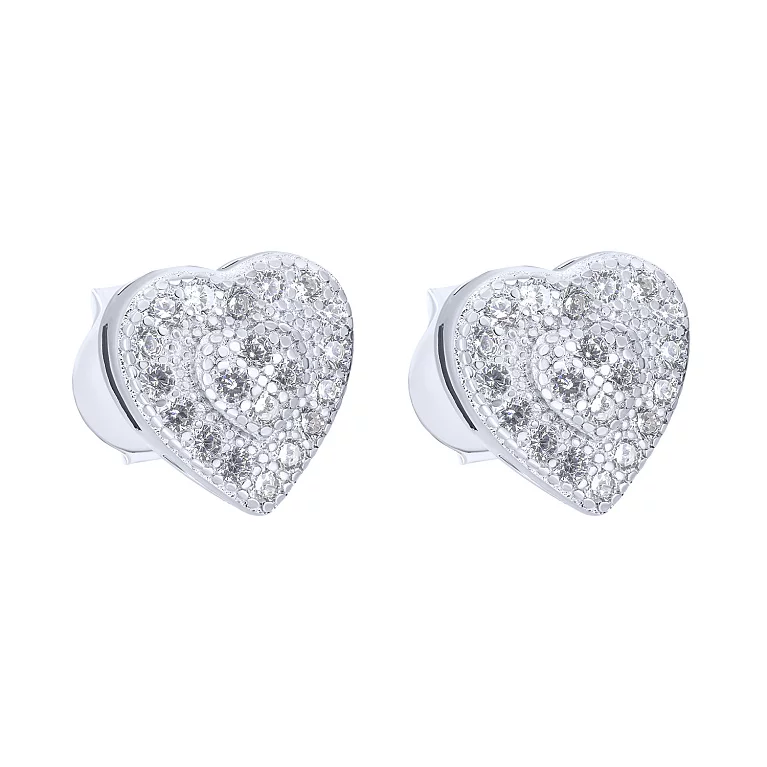Срібні сережки-гвоздики "Серце" з розсипом фіанітів. Артикул 7518/FE19061: ціна, відгуки, фото – купити в інтернет-магазині AURUM