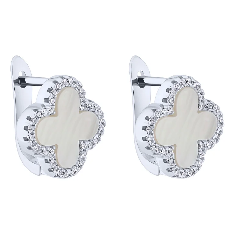 Срібні сережки "Конюшина" з перламутром і фіанітами - 2159649