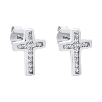Серьги-гвоздики крестики из серебра с фианитами - 1521645