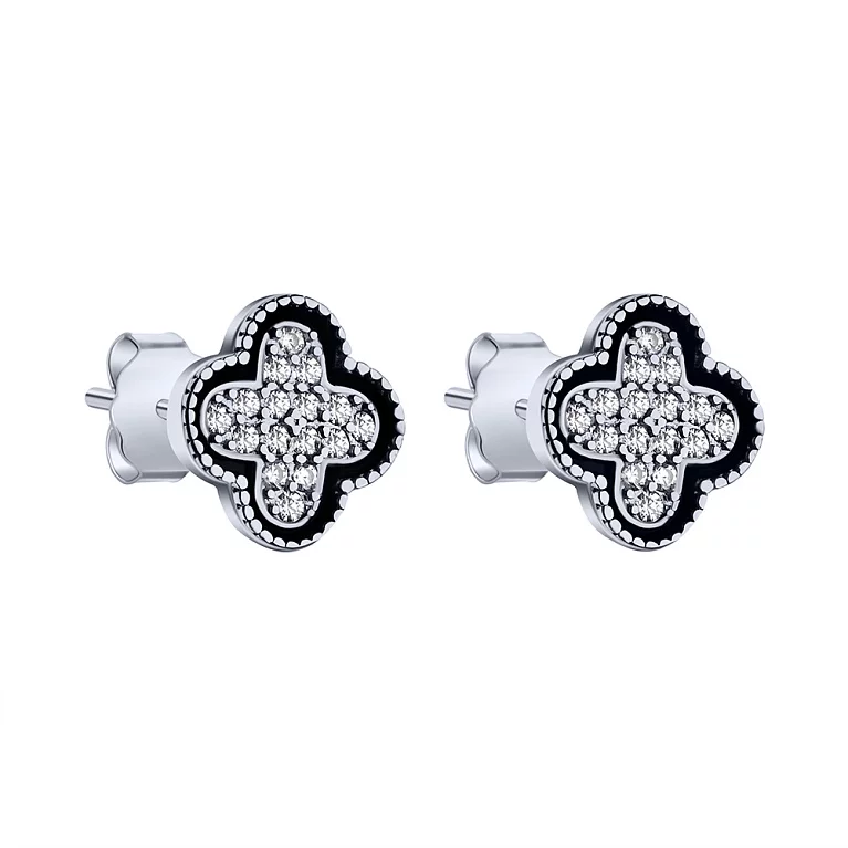 Серьги-гвоздики "Клевер" из серебра с фианитами и эмалью. Артикул 7518/6710/7еч: цена, отзывы, фото – купить в интернет-магазине AURUM
