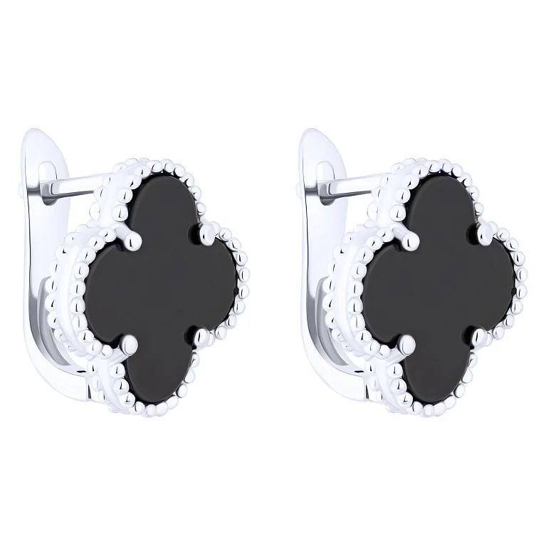 Срібні сережки "Конюшина" з оніксом - 2159645