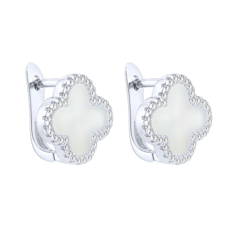 Серебряные серьги "Клевер" с перламутром и фианитами - 2159649