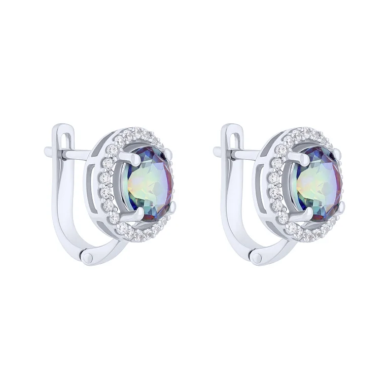 Серебряные серьги с топазом мистик и дорожкой фианитов - 2146900