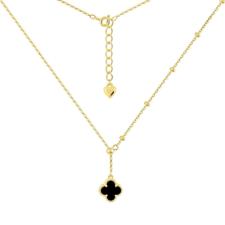 Срібне кольє-краватка "Конюшина" з оніксом і кульками в якірному плетінні, жовтому родіюванні - 2064241
