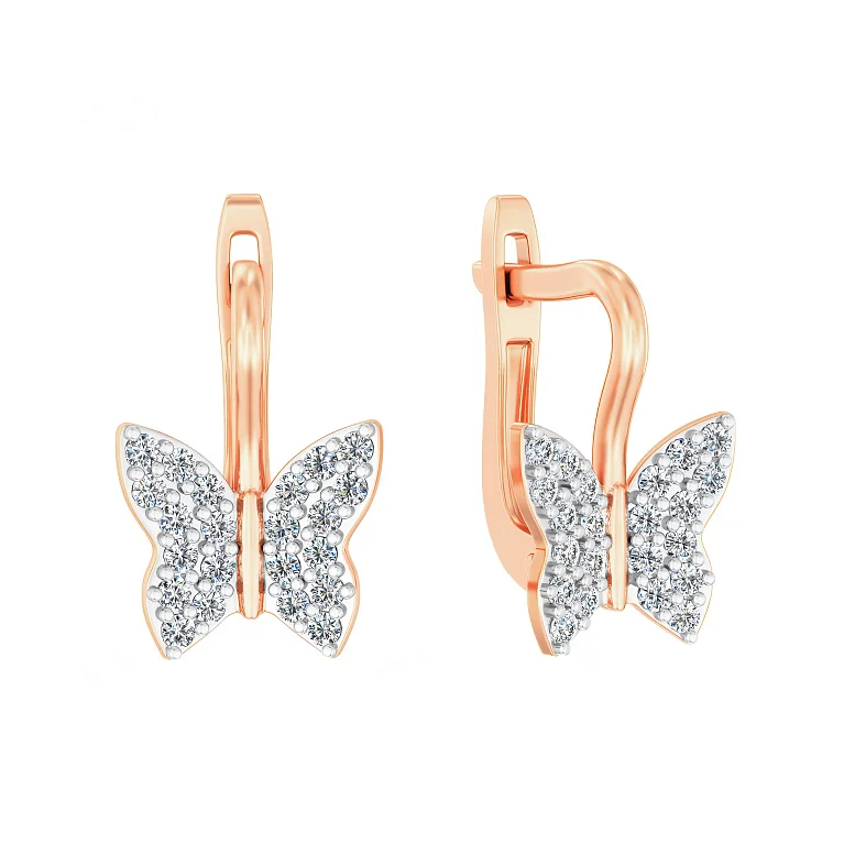 Дитячі сережкиі "Метелик" з комбінованого золота з фіанітами - 2116973