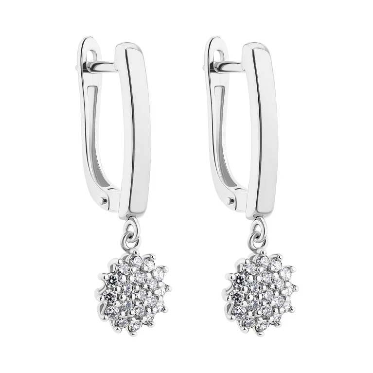 Серьги с подвесами "Цветок" в белом золоте с бриллиантами - 2178258