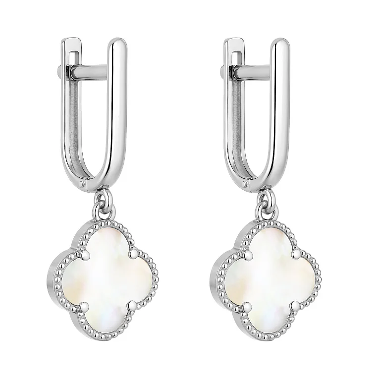 Серьги в белом золоте "Клевер" с перламутром - 2139262