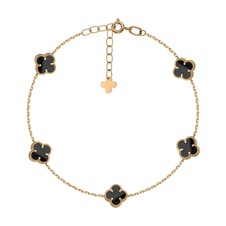 Браслет з червоного золота "Конюшина" з оніксом плетіння якір - 2211038