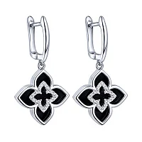 Серебряные серьги с подвесом "Цветы" с фианитами и ониксом - 2216824