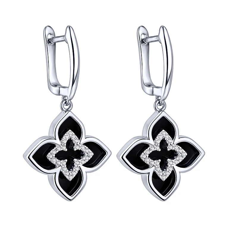 Срібні сережки з підвісом "Квіти" з фіанітами та оніксом - 2216824