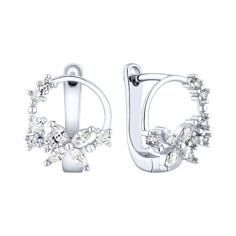 Серьги "Цветы" из серебра с фианитами - 2216802