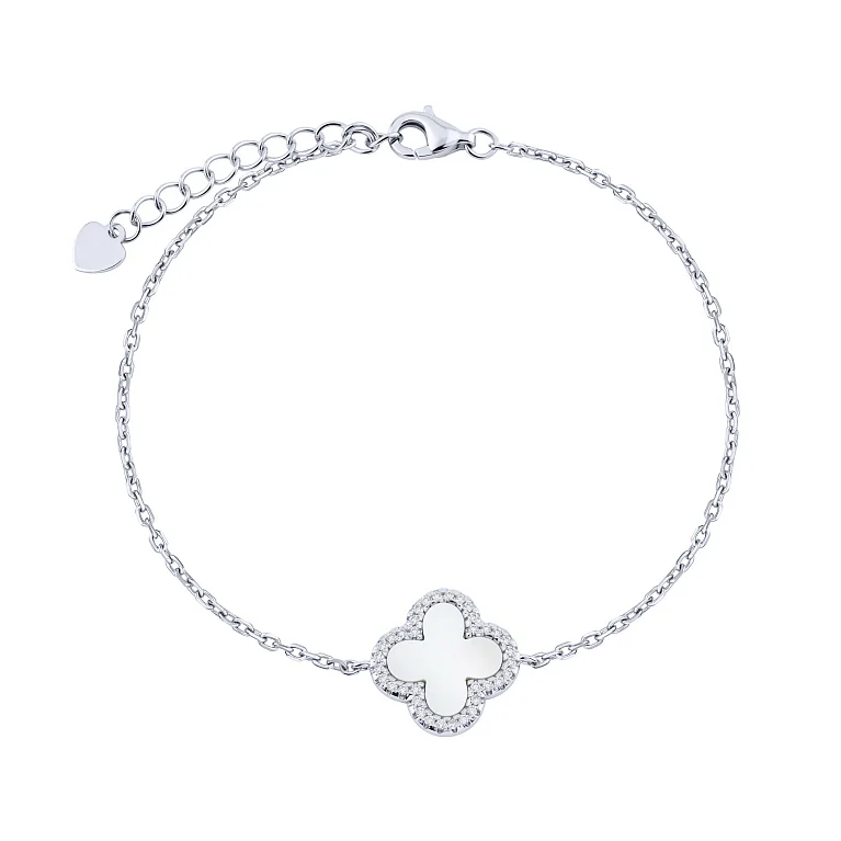 Браслет "Клевер" из серебра с фианитами и перламутром плетение якорь - 2221978