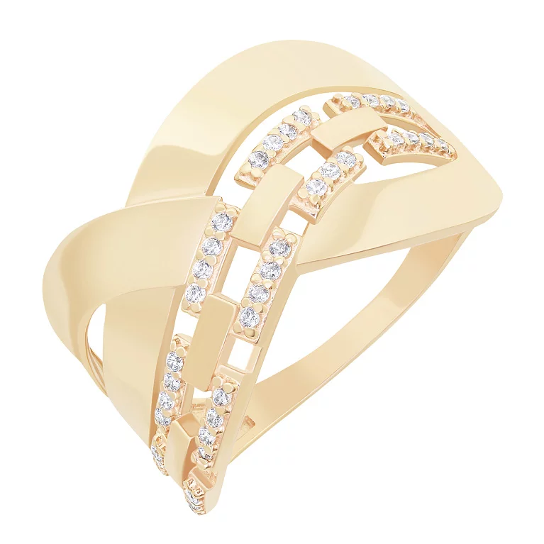 Широкое золотое кольцо с фианитами и формой цепочки. Артикул 115791: цена, отзывы, фото – купить в интернет-магазине AURUM