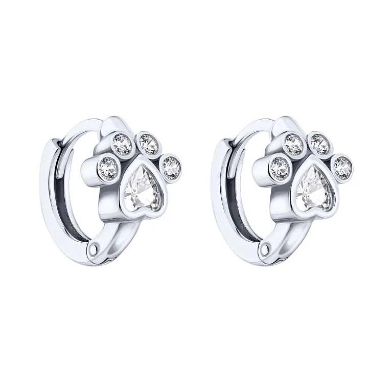 Детские серьги-кольца "Лапка" из серебра с фианитами - 2172655