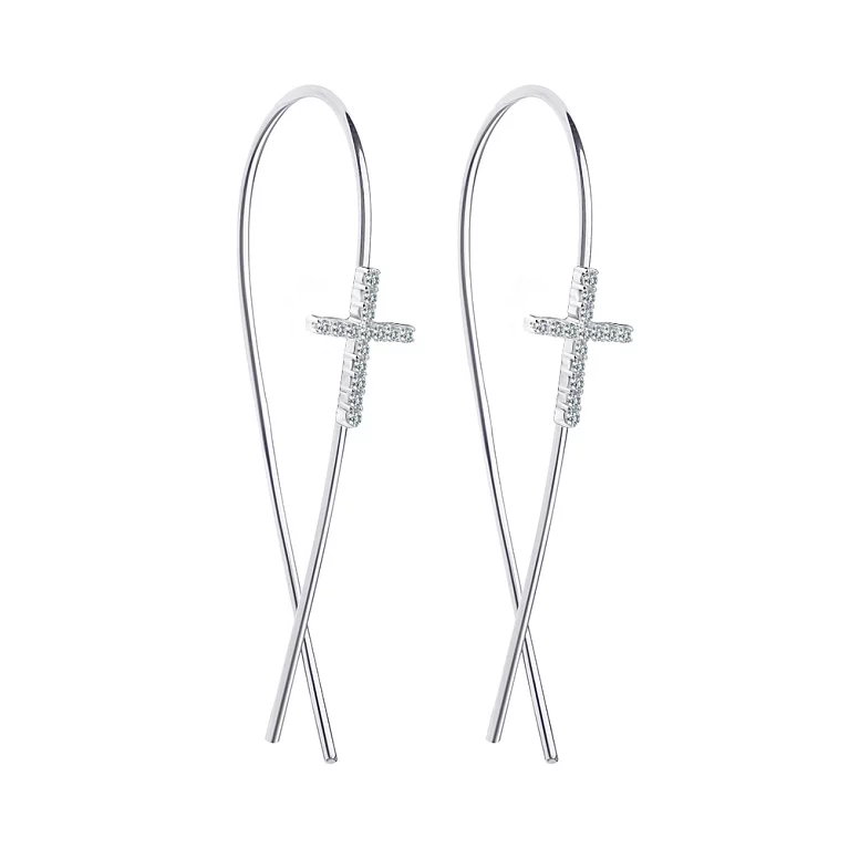 Срібні сережки-петлі Хрестик з фіанітами. Артикул 7502/С2Ф/1427: ціна, відгуки, фото – купити в інтернет-магазині AURUM