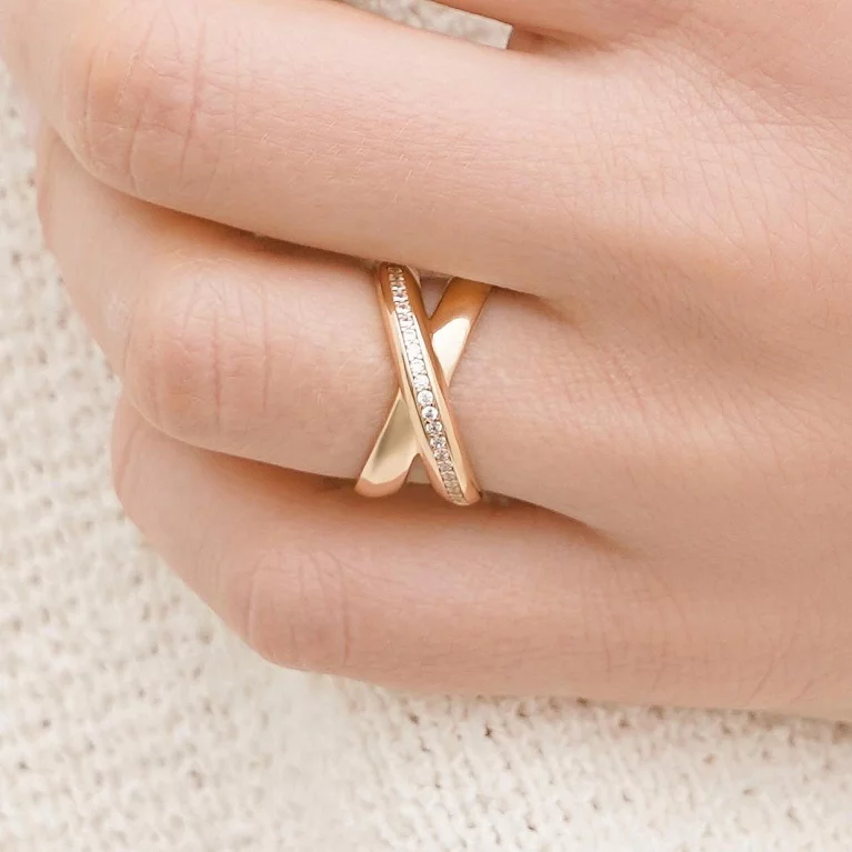 Двойное кольцо с фианитами из красного золота. Артикул 214887601: цена, отзывы, фото – купить в интернет-магазине AURUM