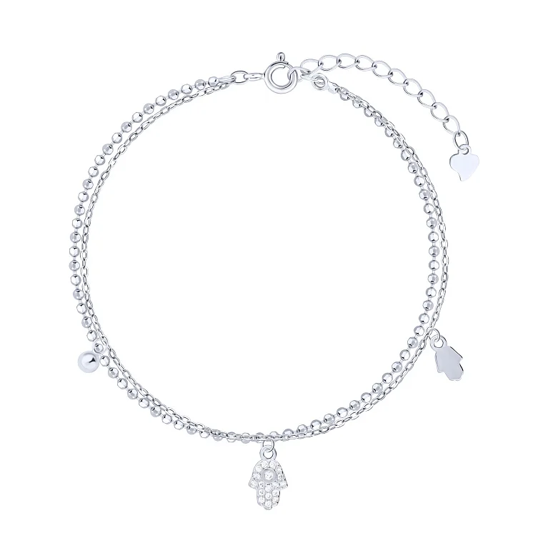 Срібний браслет "Хамса" з підвісками та фіанітами в подвійному плетінні - 2137957