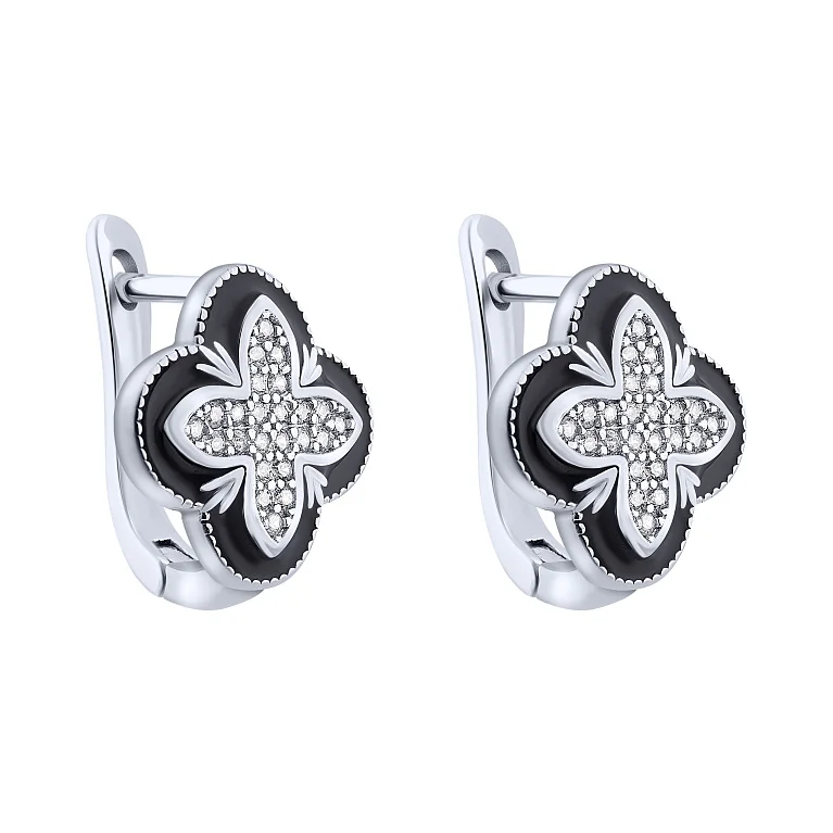 Серебряные серьги "Цветы" с фианитами и эмалью - 2205871