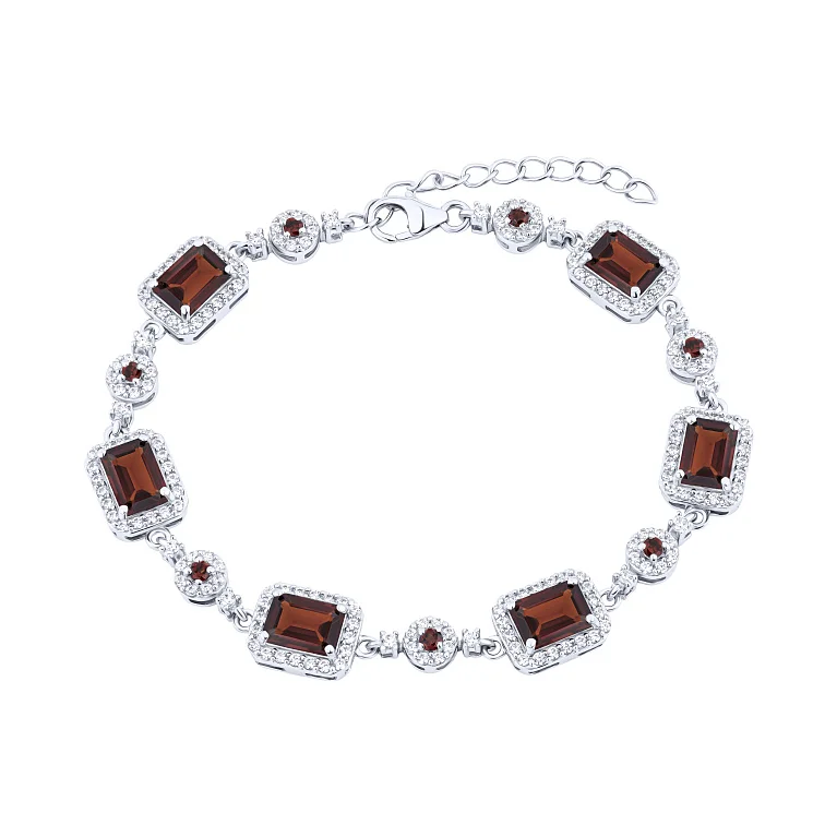 Срібний браслет з гранатом та фіанітами плетіння фантазія - 2167127